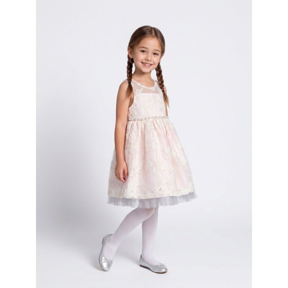 American Princess Girls Dress Size 5 Pink Lace Flower Pearl Waist Formal !